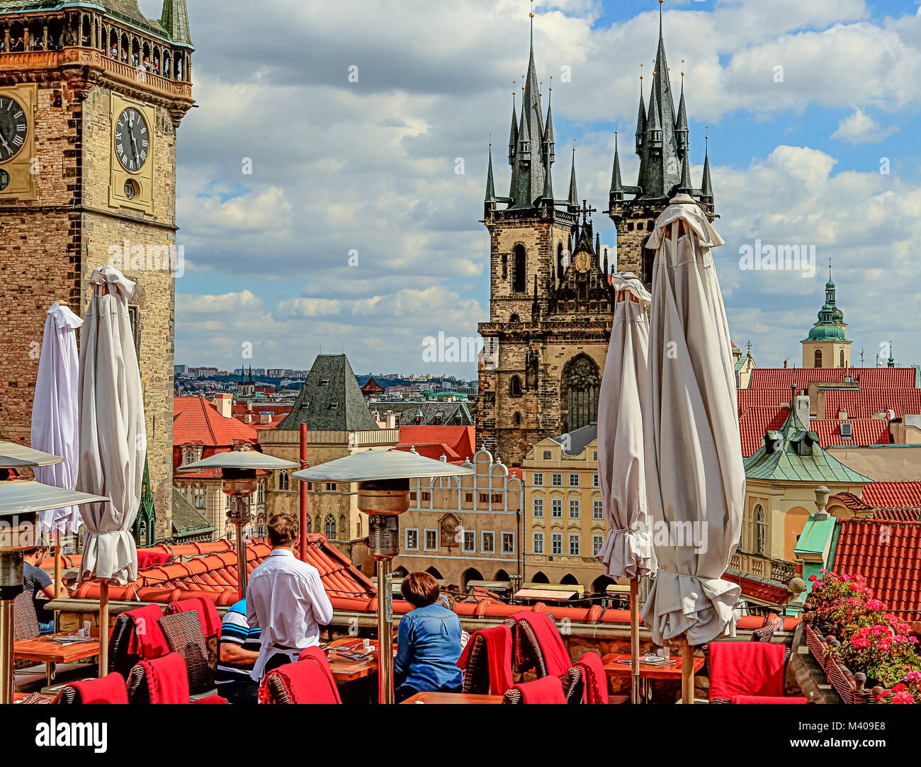 View of the Old Town Prague from a roof-top restaurant on a nice summer day Stock Photo