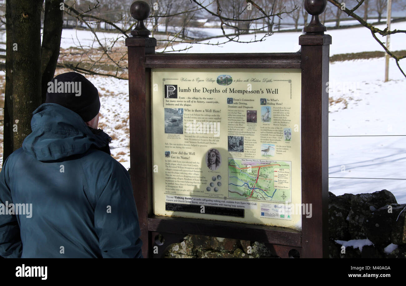 Tourist information board at Mompessons Well at Eyam Stock Photo