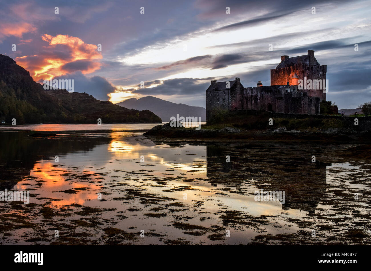 Firey Sunset at Eilean Donan Castle Stock Photo