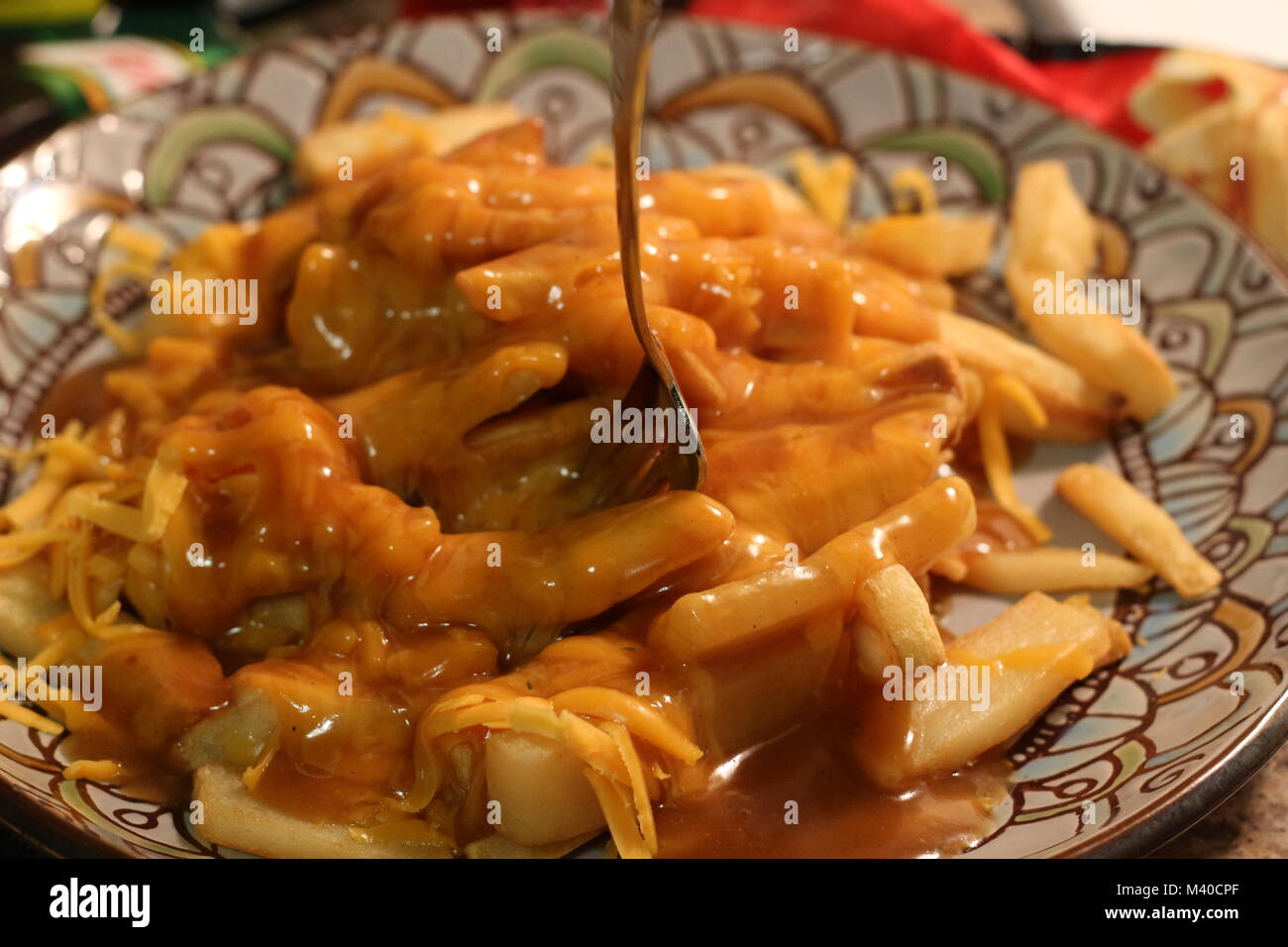 Canadian Poutine with melted cheese and a fork in it Stock Photo