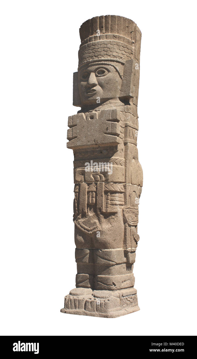 Famous Toltec Atlant - columns on top Pyramid of Quetzalcoatl, Tula de Allende, Hidalgo state, Mexico. UNESCO world heritage site. Isolated on white b Stock Photo