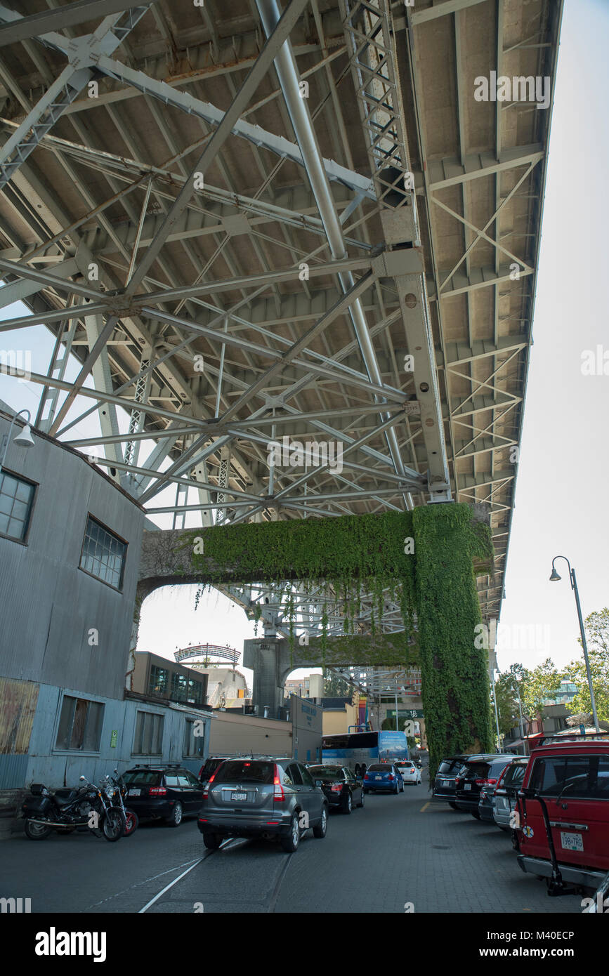 Vancouver, British Columbia, Canada.  Underside of Granville Street Bridge over Granville Island, vertical orientation. Stock Photo