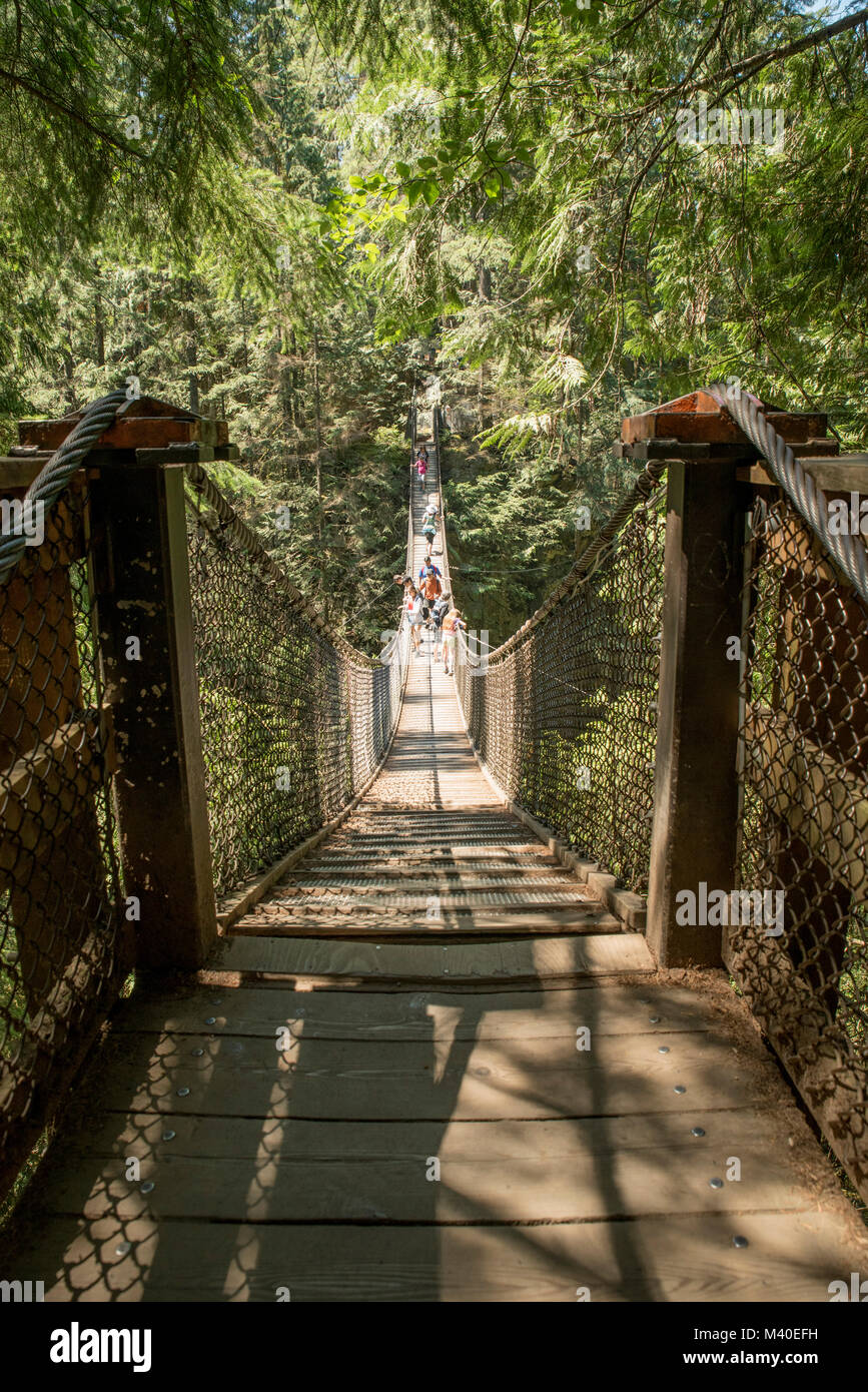 North Vancouver, British Columbia, Canada.  Suspension bridge in Lynn Canyon Park, vertical orientation. Stock Photo