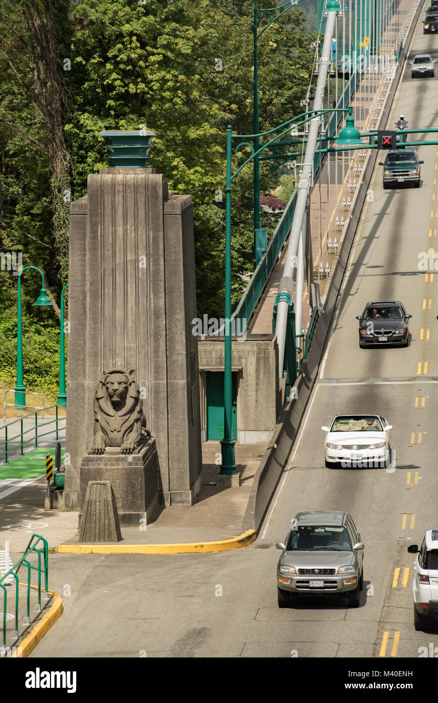 Vancouver, British Columbia, Canada.  Lions Gate Bridge statue at north end of Stanley Park, vertical orientation. Stock Photo