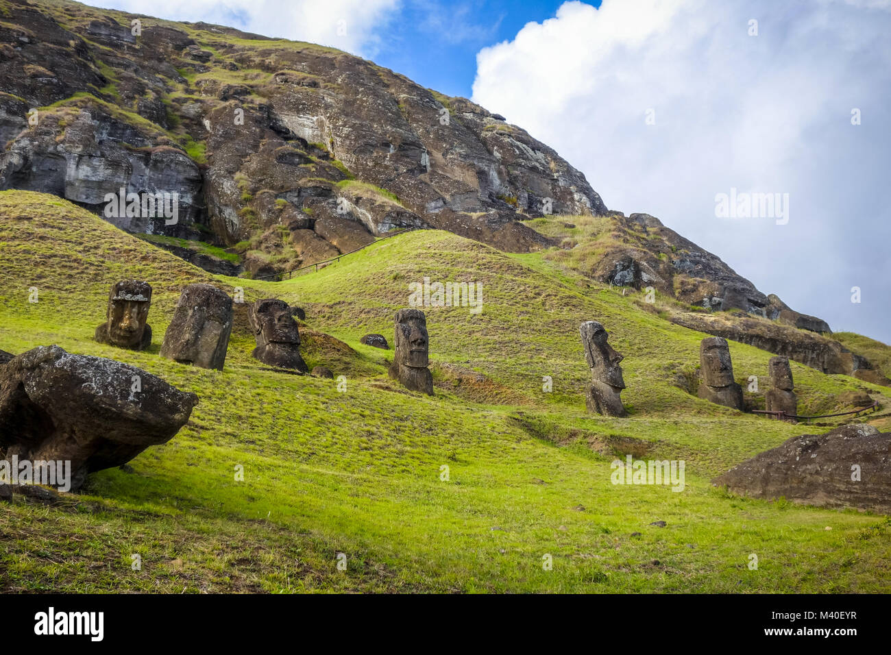 Moais statues on Rano Raraku volcano, easter island, Chile Stock Photo