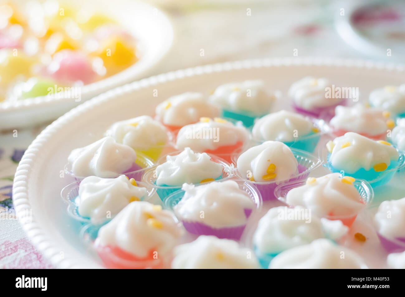 Mung Bean Flour Coconut Dessert in Jelly close up in white foam dish