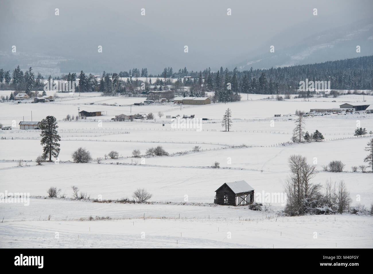Farms and pastures in Creston Valley in winter, British Columbia, Canada Stock Photo