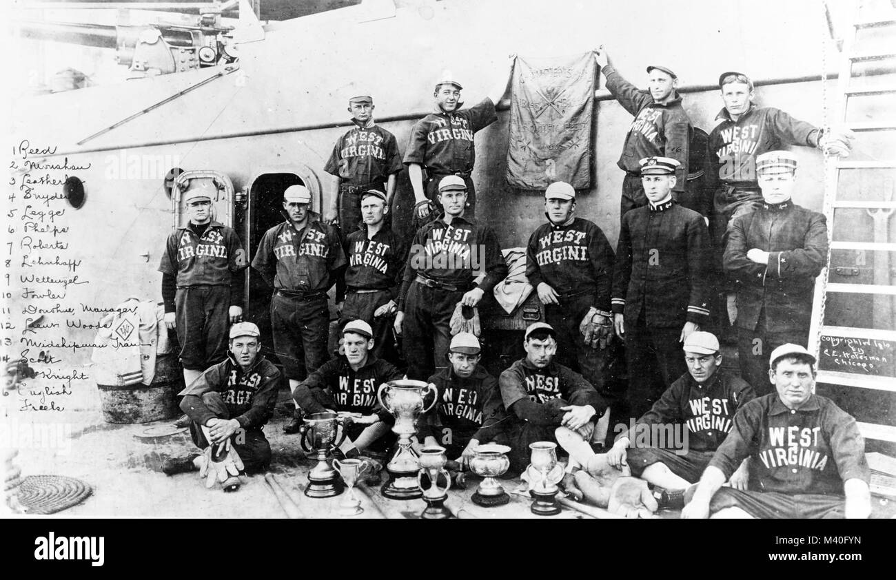 Ship's baseball team, Pacific Fleet champions in 1909, 1910 and 1911, pose with their trophies and banner. Photographed by C.E. Waterman, Chicago, Illinois. Those present are (as written at left): 1. Reed; 2. Monahan; 3. Leatherby; 4. Snyder; 5. Legge; 6. Phelps; 7. Roberts; 8. Lehnhoff; 9. Wettengel; 10. Fowler; 11. Donohue (Manager); 12. Lieutenant (Junior Grade) James S. Woods; 13. Midshipman Harold C. Train; 14. Scott; 15. McKnight; 16. English; and 17. Freels.  Collection of Commander Harold C. Train, USN, 1932.  U.S. Naval History and Heritage Command Photograph. NH 2775 by Photograph Cu Stock Photo