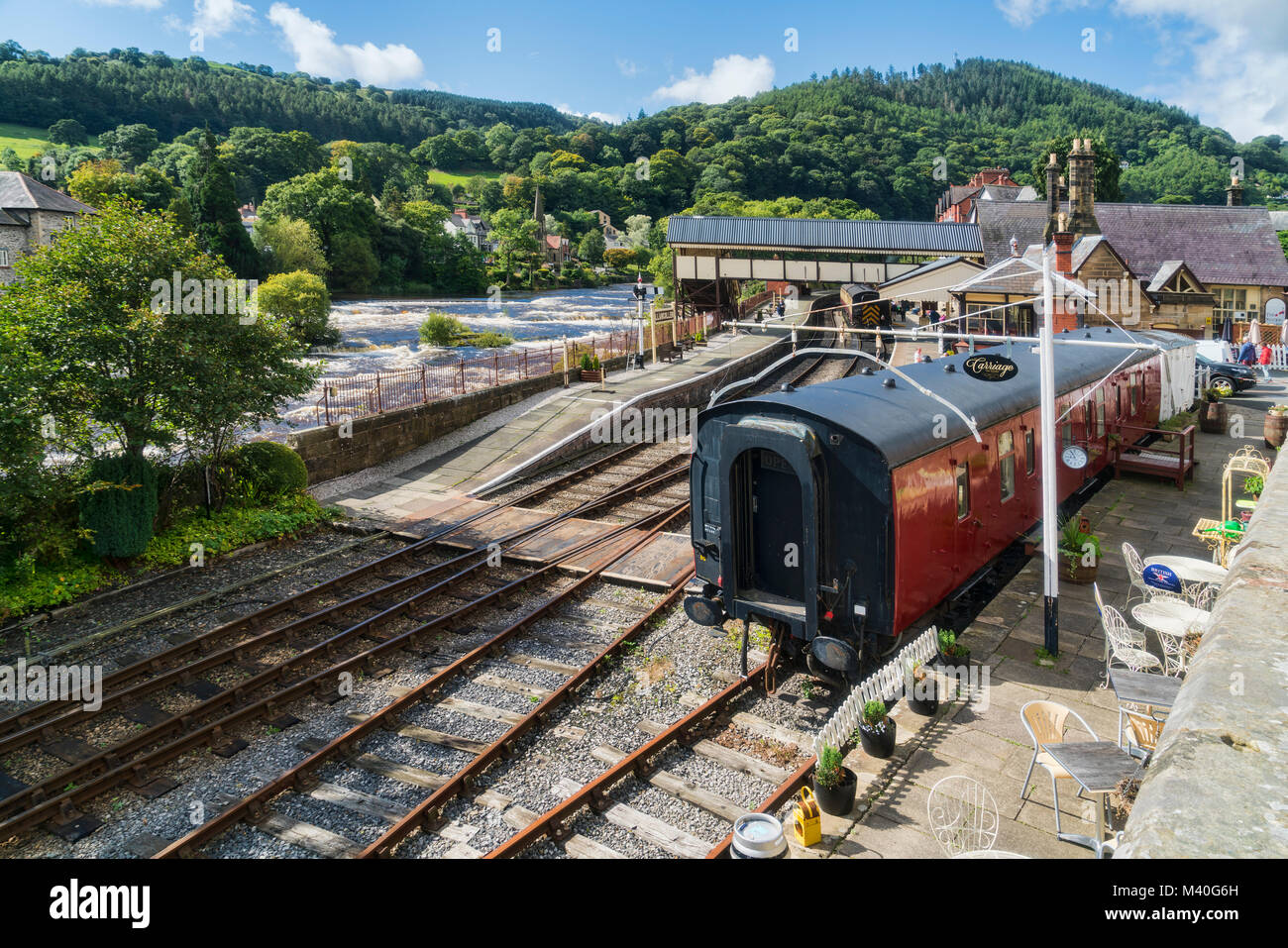 Llangollen Railway Station and River Dee, Denbighshire, Wales, UK Stock Photo