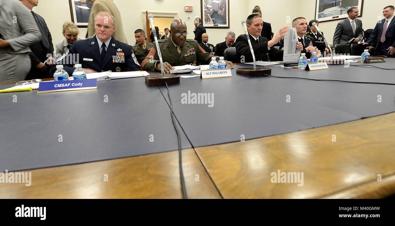 Chief Master Sgt. of the Air Force James A. Cody sits before the House's Committee on Appropriations Subcommittee on Military Construction and Veterans Affairs in Washington, Feb. 25, 2015. As part of his testimony, Cody spoke about the challenge of last year's force reductions and the impact of fiscal uncertainty on the force while facing global demands and geopolitical realities. In addition to Cody, the other witnesses were Sgt. Maj. of the Army Daniel A. Dailey, Master Chief Petty Officer of the Navy Michael D. Stephens, and Sgt. Maj. of the Marine Corps Ronald Green. (U.S. Air Force photo Stock Photo