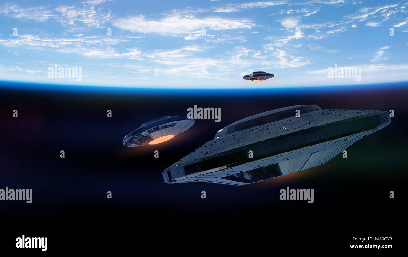 UFOs, alien spaceships approaching planet Earth, outer space visitors in flying saucers (3d science fiction illustration, elements of this image are f Stock Photo