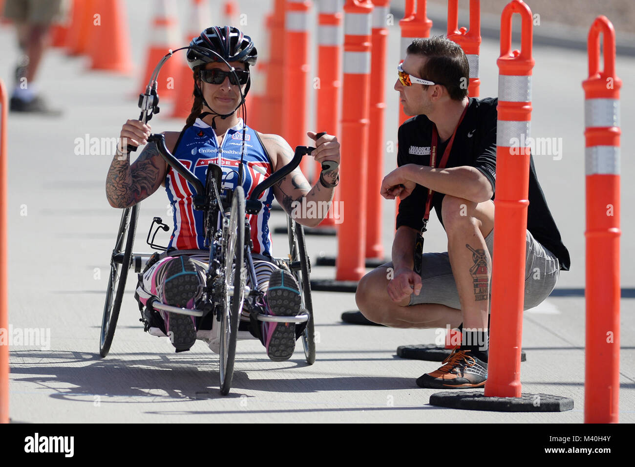 Army Staff Sgt. Monica Martinez awaits the starting call for her victory ride in the women’s hand cycle event  during the Army Trials  for the 2015 Department of Defense Warrior Games March 29, 2015 at Fort Bliss in El Paso, Texas. (DoD News photo by EJ Hersom) 150329-D-DB155-004 by DoD News Photos Stock Photo