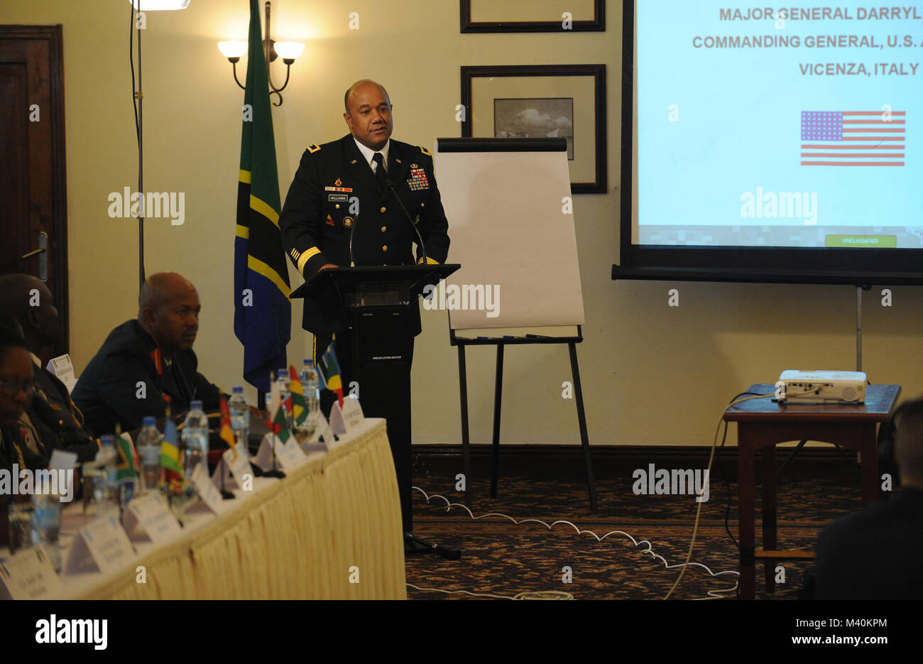 U.S. Army Maj. Gen. Darryl Williams, the commander of U.S. Army Africa (USARAF), speaks with representatives from sixteen African nations during the 2015 Gender Mainstreaming Seminar in Tanzania, Africa on May 19. USARAF co-hosted the conference, alongside the Tanzanian Peoples Defense Force, in an effort to frame the importance of gender mainstreaming and promote equality throughout the region. (DoD News photo by Staff Sgt. Brian Kimball) 150518-F-QP401-071 by DoD News Photos Stock Photo