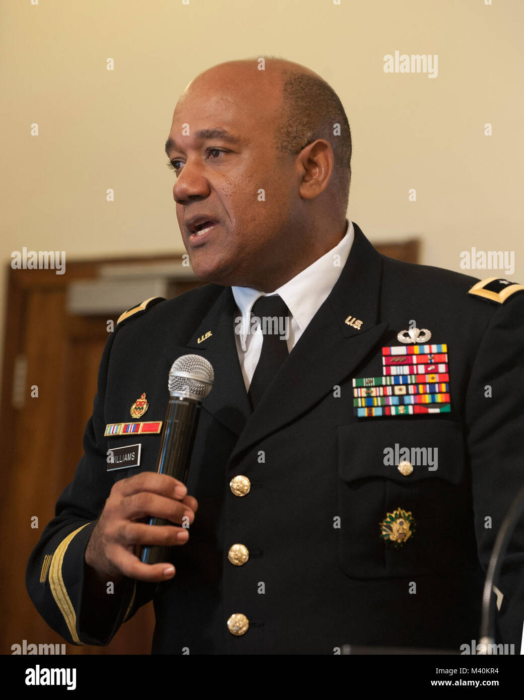 U.S. Army Maj. Gen. Darryl Williams, the commander of U.S. Army Africa (USARAF), speaks with representatives from sixteen African nations during the 2015 Gender Mainstreaming Seminar in Tanzania, Africa on May 19. USARAF co-hosted the conference, alongside the Tanzanian Peoples Defense Force, in an effort to frame the importance of gender mainstreaming and promote equality throughout the region. (DoD News photo by Staff Sgt. Brian Kimball) 150519-F-QP401-103 by DoD News Photos Stock Photo