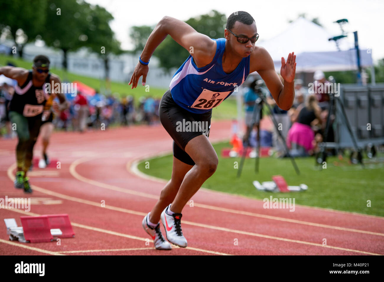 Air Force’s Trent Smith launches from the running blocks during the 400