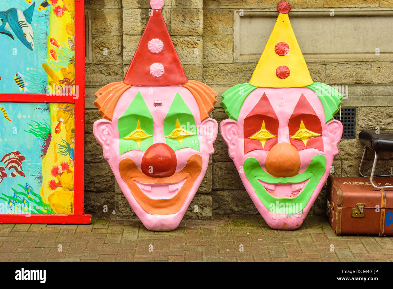 Clown faces for sale in the old town in Margate, Kent, UK. Stock Photo