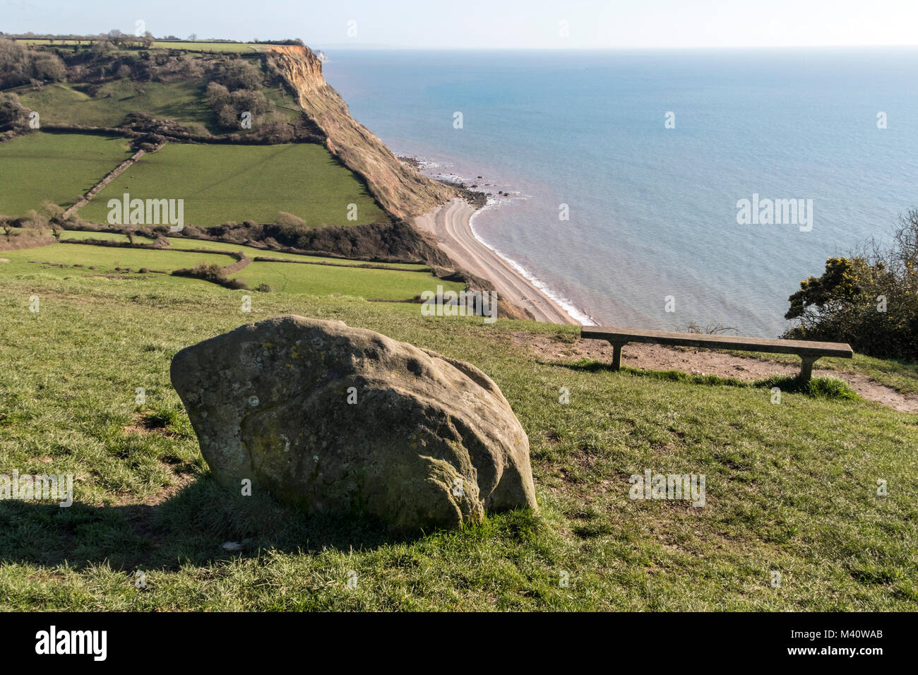 The Frog Stone sitting high above Salcombe Mouth on the South West Coastal Path between Sidmouth and Beer. Stock Photo