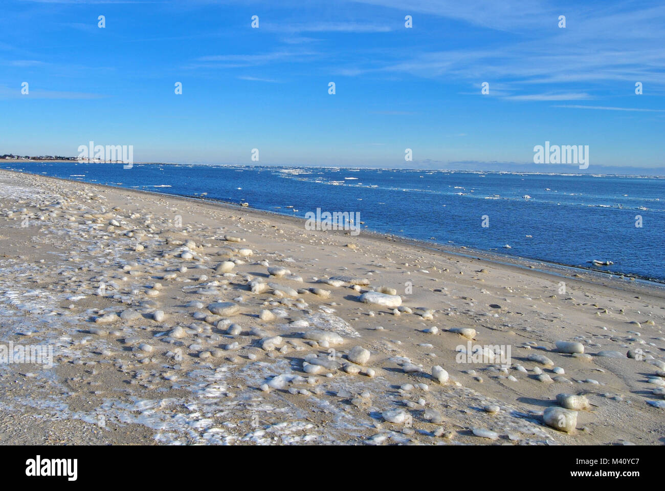 Winter New Jersey Beach Scene with Snow and Ice Stock Photo