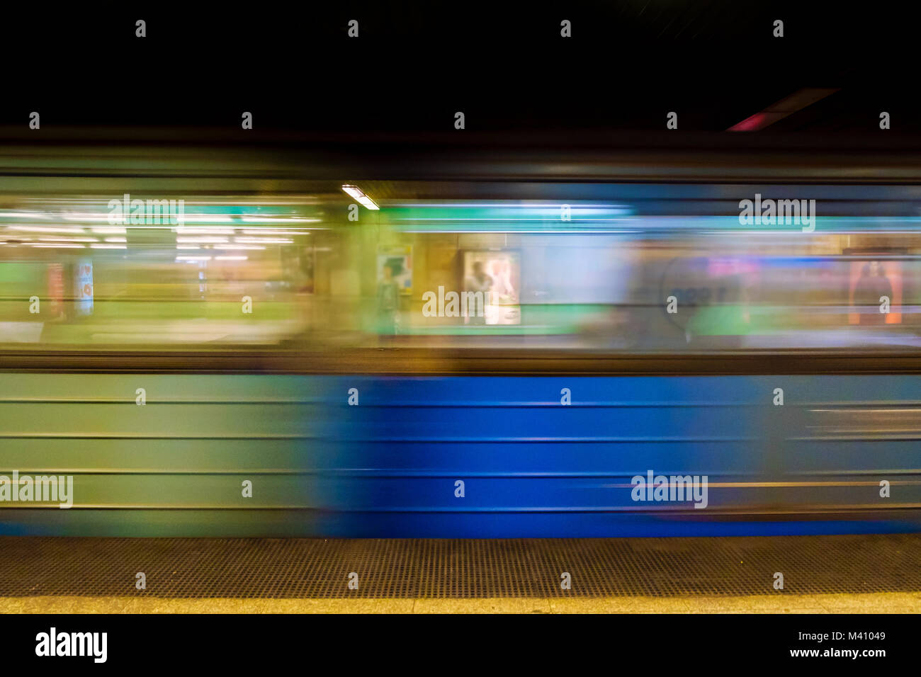 Blurred image of the arrival of the subway train in Budapest city, Hungary Stock Photo