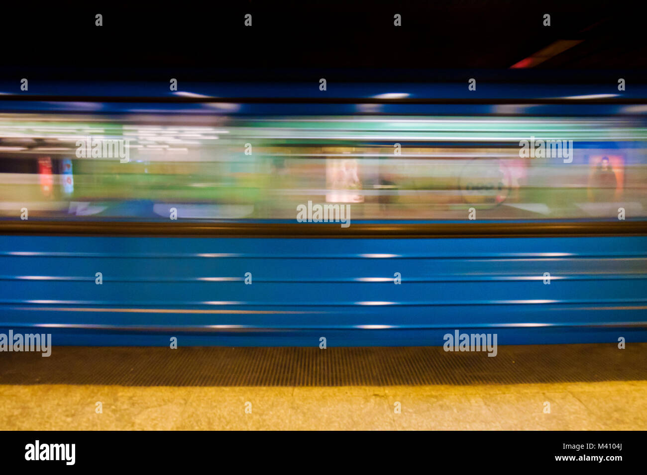 Blurred image of the arrival of the subway train in Budapest city, Hungary Stock Photo