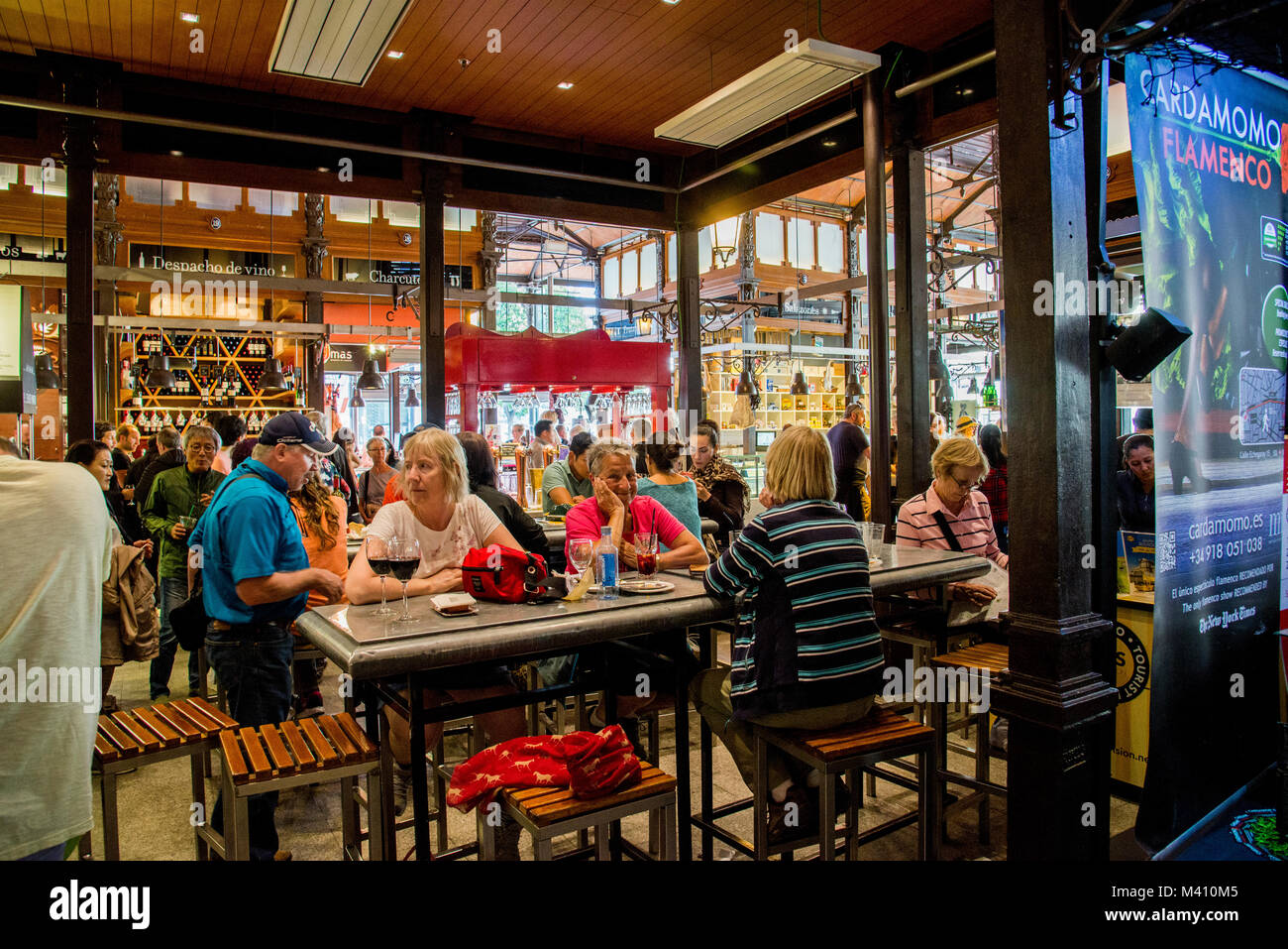 popular luncheon with many restaurants in the market Mercado de San Miguel in central Madrid Stock Photo