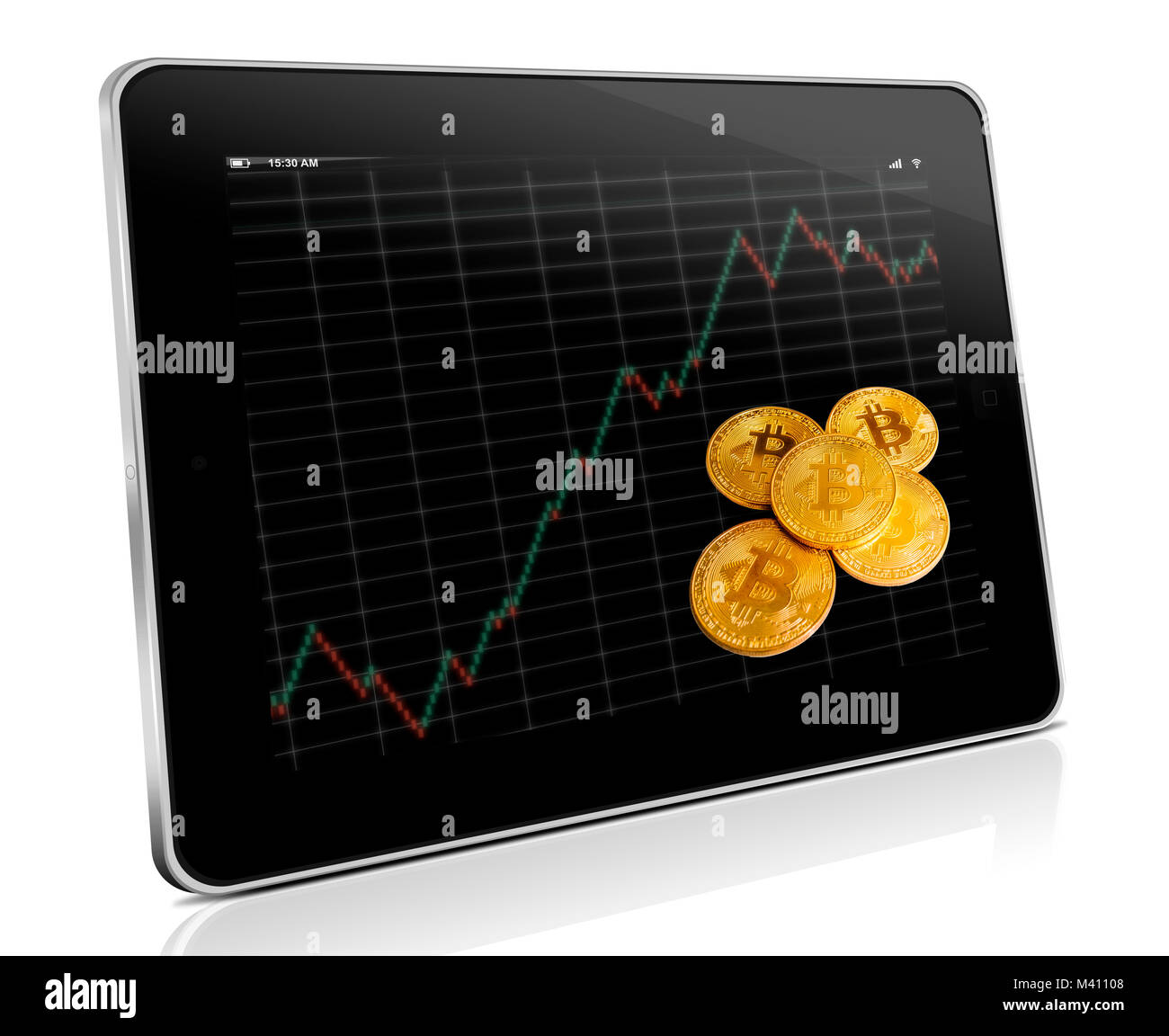 tablet with business chart and golden bitcoins Stock Photo - Alamy