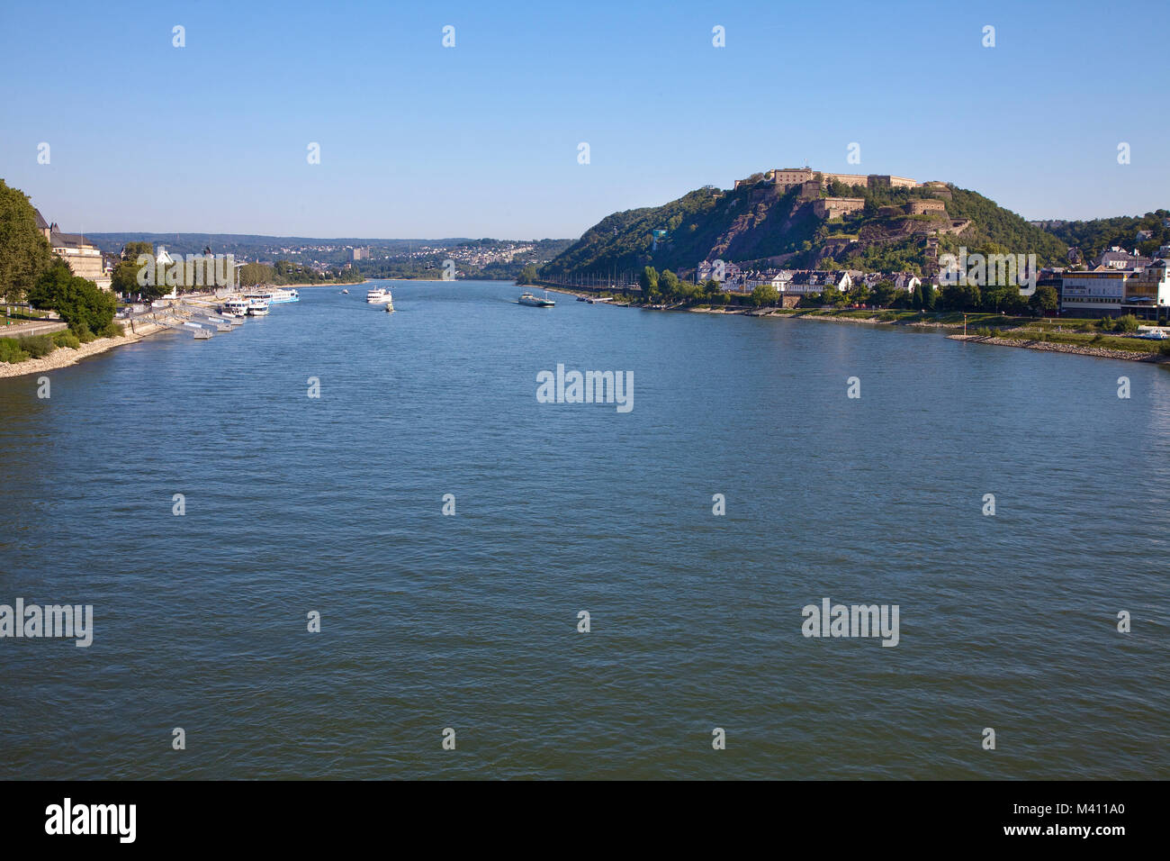 The Rhine river at Ehrenbreitstein fortress, Coblenz, Rhineland-Palatinate, Germany, Europe Stock Photo