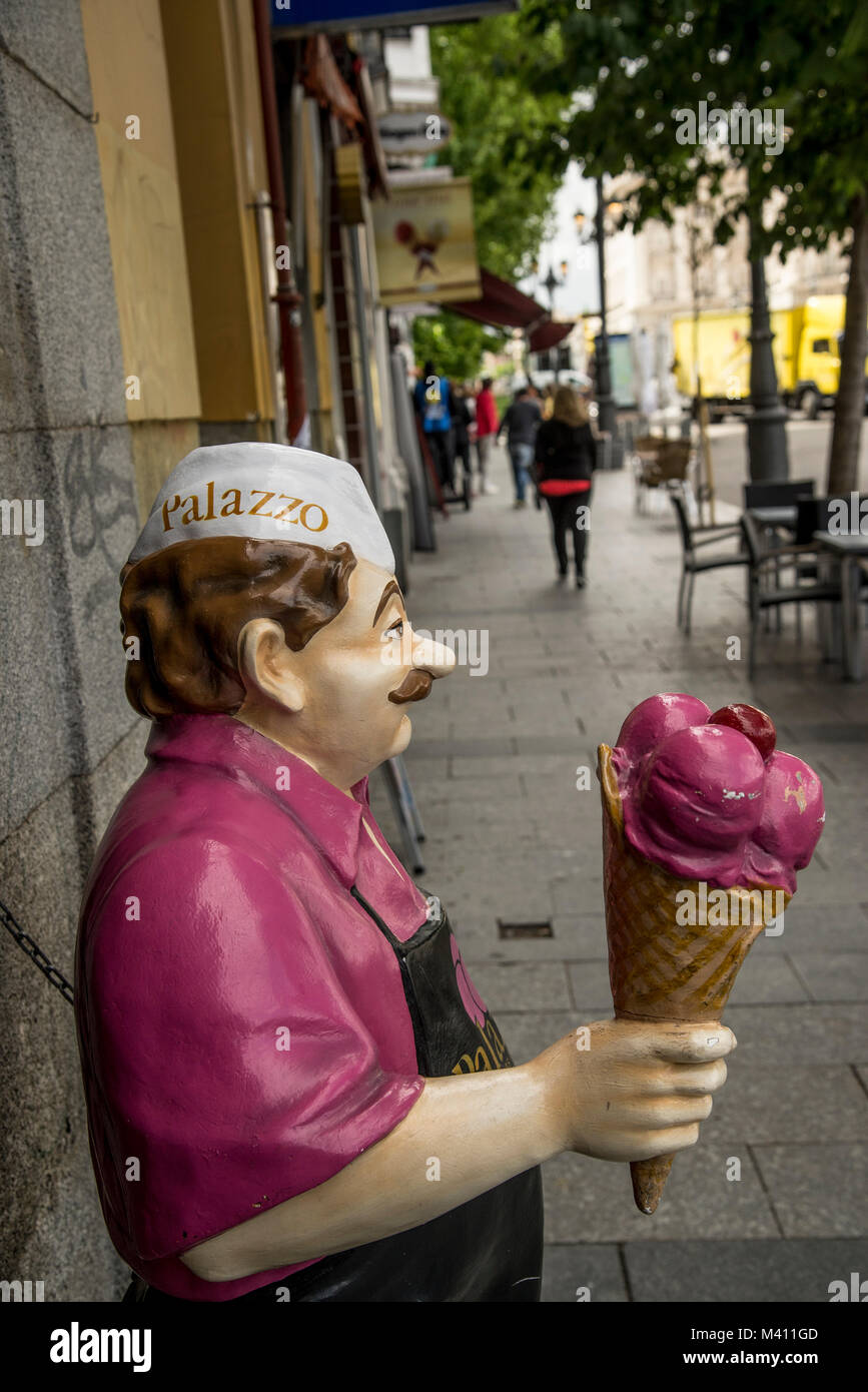 Dummy signaling an ice-cream shop on Calle de Bailén that is leading up to the Royal Palace in central Madrid Stock Photo