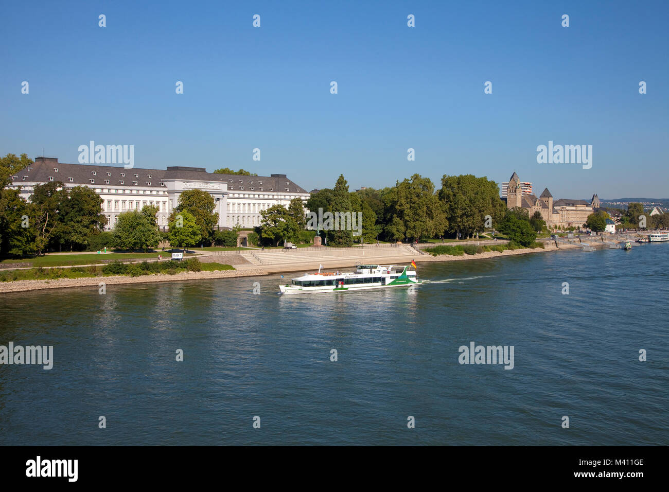 Excursion ship on Rhine river at the Prince-elector castle, Coblenz, Rhineland-Palatinate, Germany, Europe Stock Photo