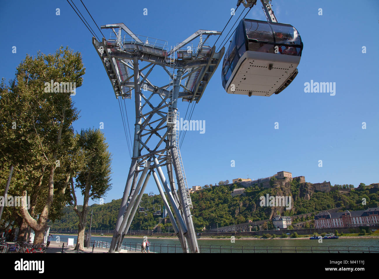 Gondola and construction of cable car, leads from German Corner (Deutsche Eck) up to Ehrenbreitstein fortress, Coblenz, Rhineland-Palatinate, Germany Stock Photo