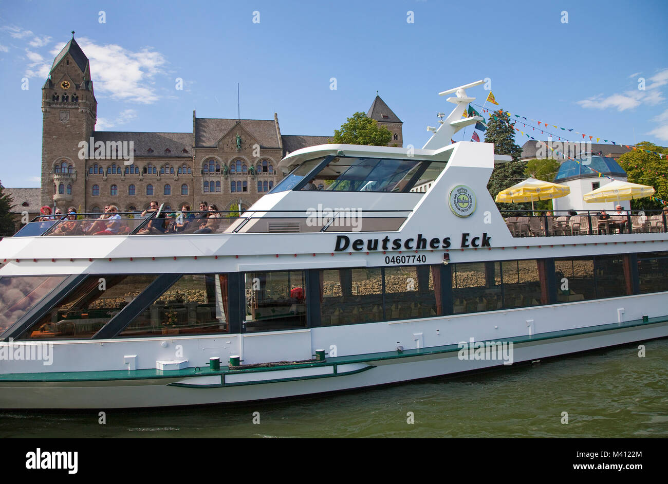 Excursion ship 'Deutsches Eck', behind the federal agency for defence technology, riverside of Coblenz, Rhineland-Palatinate, Germany, Europe Stock Photo