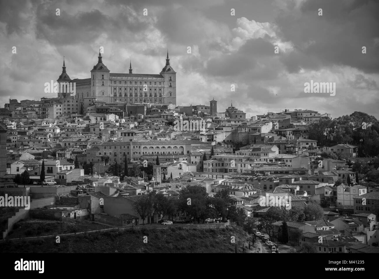 Panoramic view with dark clouds over former Spanich capital Toledo near Madrid in the Casilla - La Manch region Stock Photo