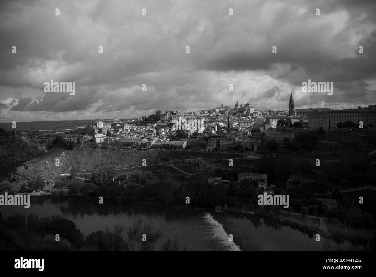 Panoramic view with dark clouds over former Spanich capital Toledo near Madrid in the Casilla - La Manch region Stock Photo