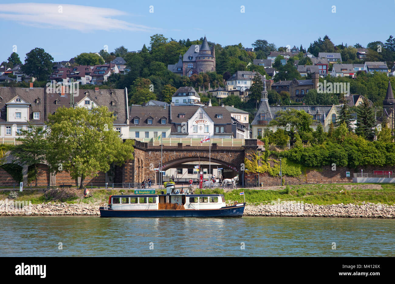 Ferry at bank of Rhine river at Pfaffendorf, Coblenz, Rhineland-Palatinate, Germany, Europe Stock Photo