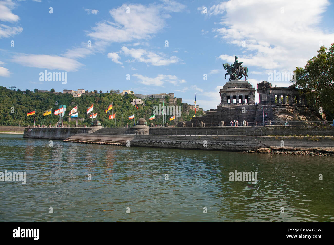 Deutsche Eck (German Corner), Imperial Wilhelm statue, behind the fortress Ehrenbreitstein, Coblenz, Rhineland-Palatinate, Germany, Europe Stock Photo