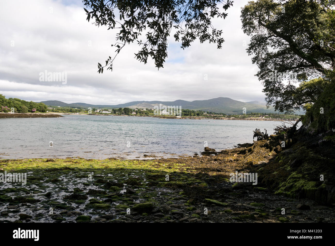 View of Berehaven from the ruins of Dunboy Castle near Castletownbere on the Beara Peninsula. Southern Ireland. Stock Photo