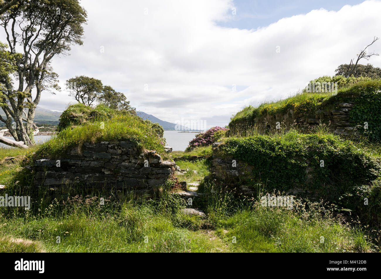 The ruins of Dunboy Castle near Castletownbere on the Beara Stock Photo