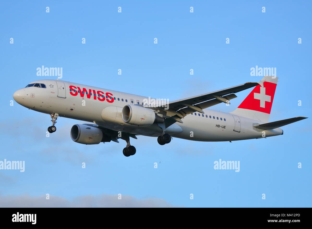 Swiss International Airlines Airbus A320 HB-IJE landing at London Heathrow Airport, UK Stock Photo