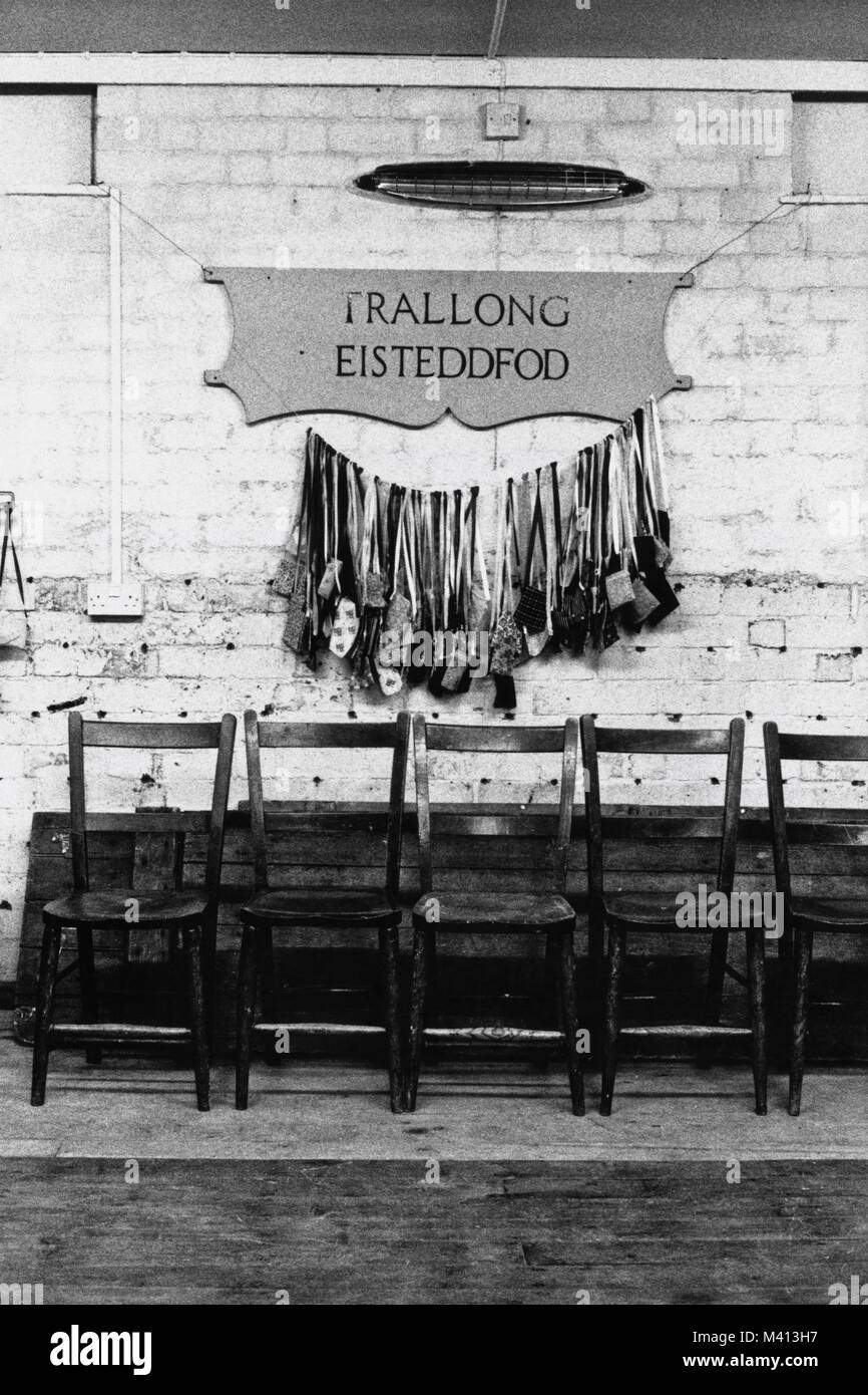 Chairs & prize bags on stage at Trallong small eisteddfod in Sennybridge Market Hall Powys Wales UK Stock Photo