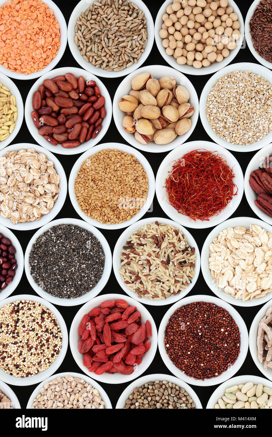 Dried high fiber health food with legumes, cereals, nuts, grain, fruit