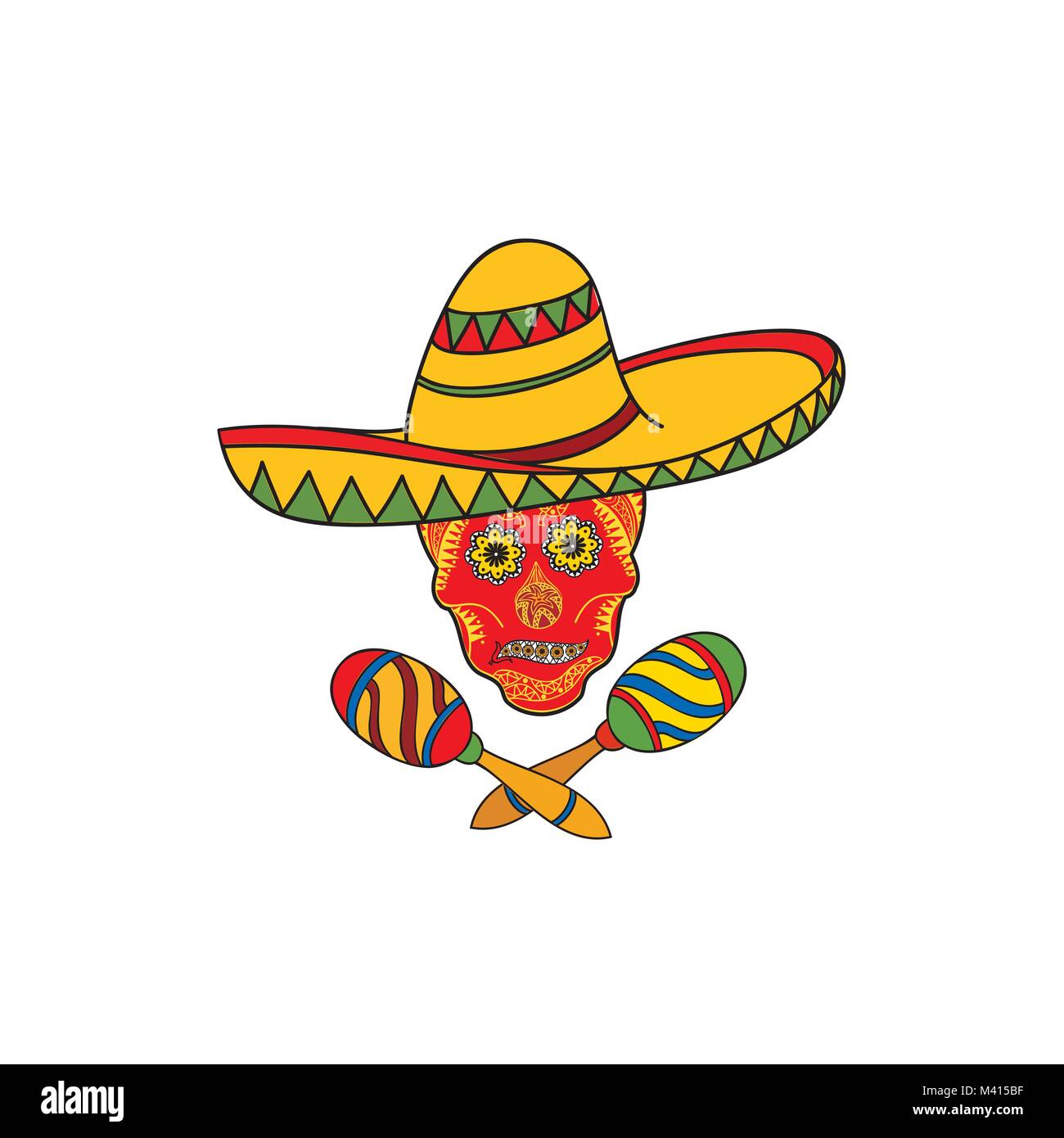 Mexican icon. Welcome to Mexico sign. Travel sign with skull, musical instrument and sombrero hat Stock Vector