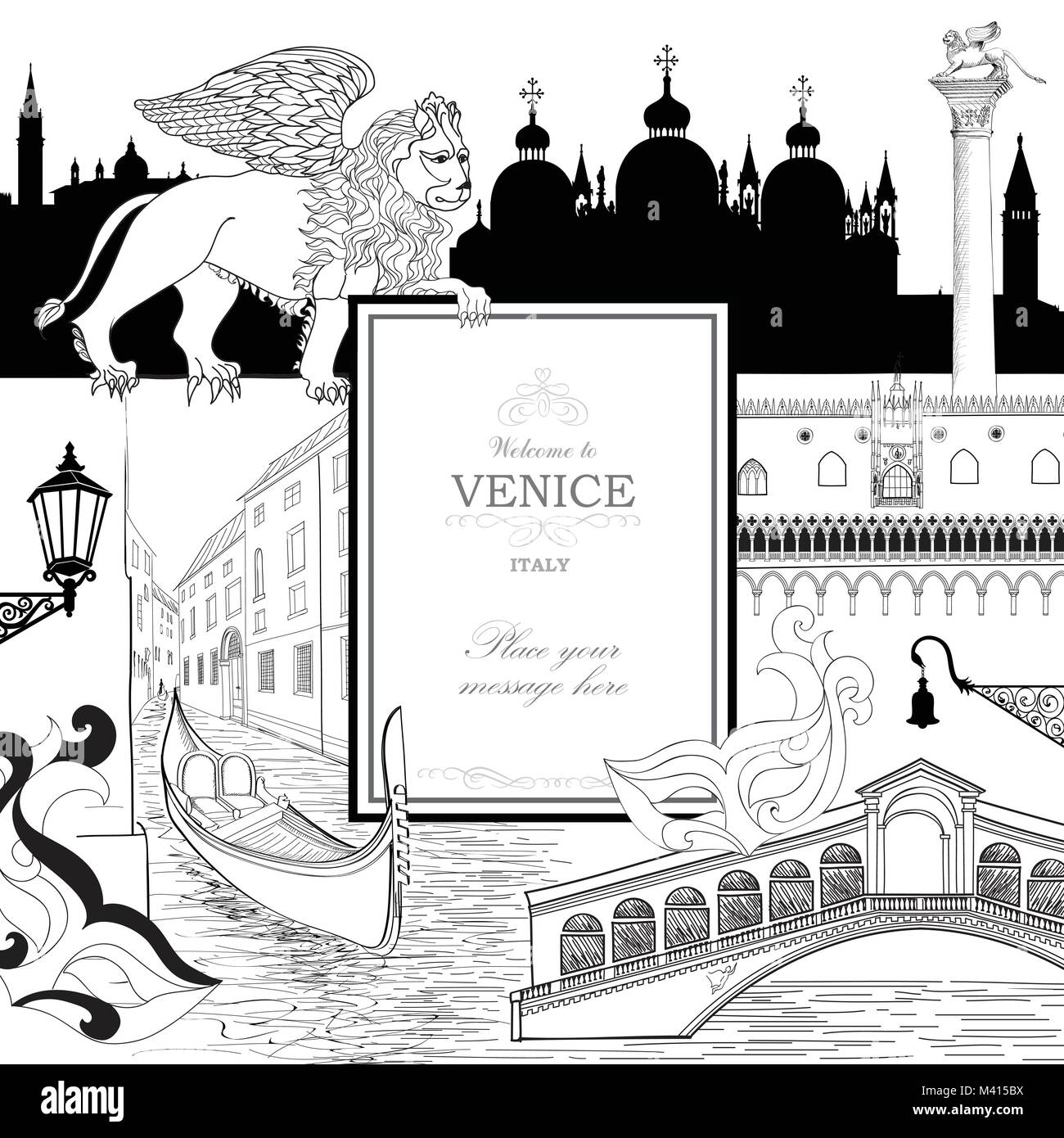 Venice city background with tourist landmarks, gondola and venetian carnival mask. Travel Italy wallpaper. Stock Vector