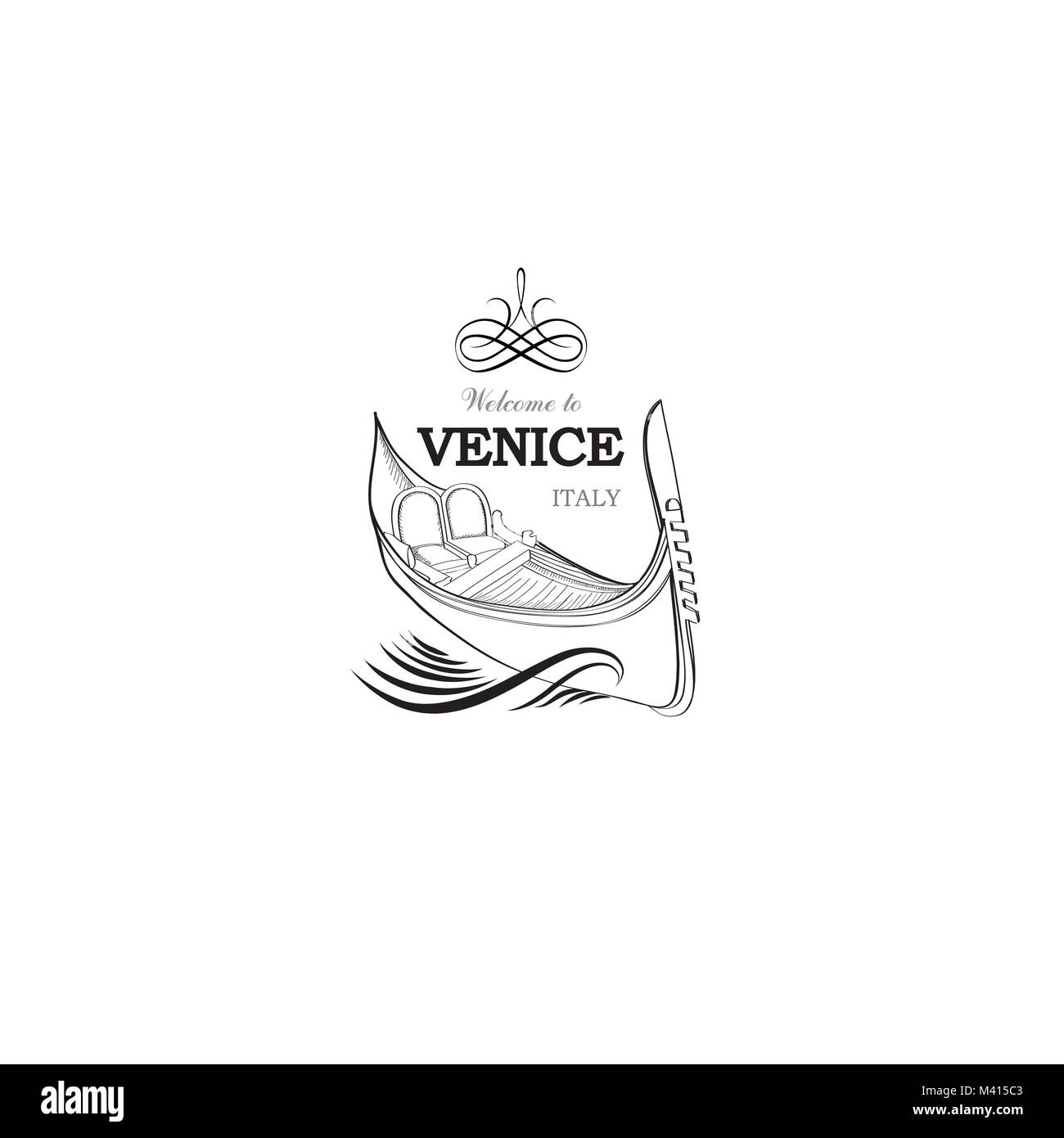 Venice city symbol. Tourist venetian landmark gondola. Travel Italy icon. Stock Vector