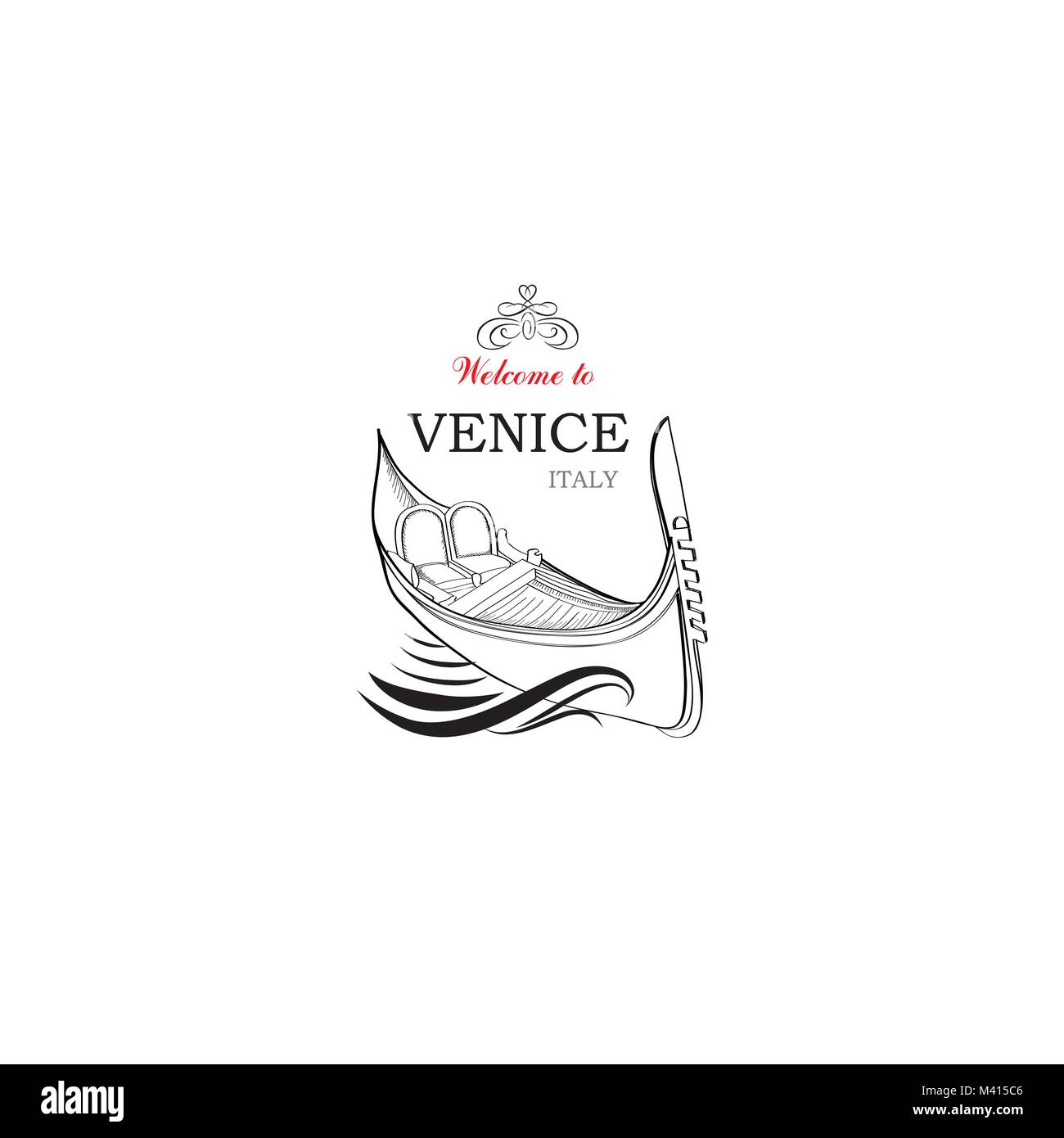 Venice city symbol. Tourist venetian landmark gondola. Travel Italy icon. Stock Vector