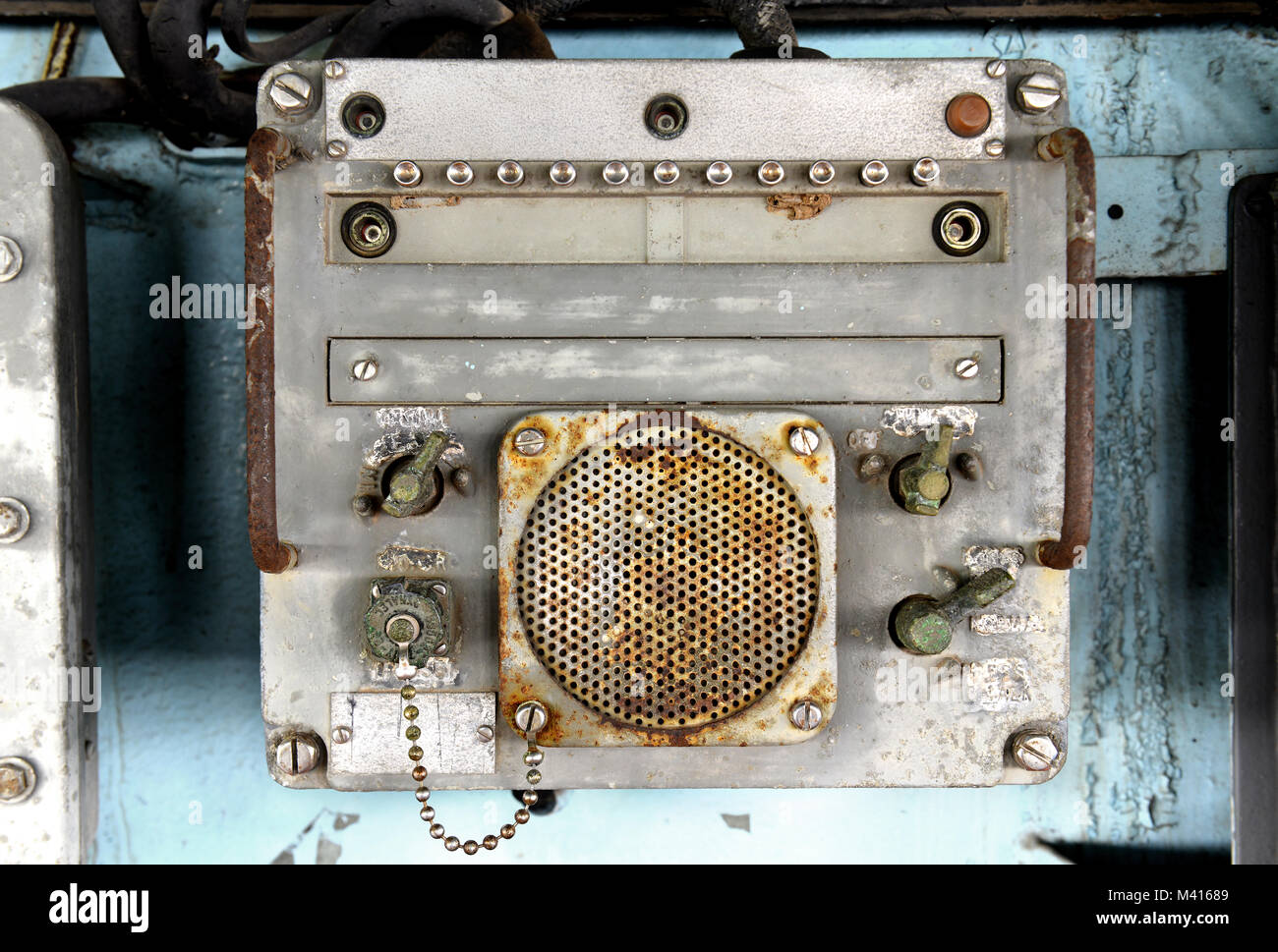 old radio on warship at museam room of war ship control at war ship museum free for tourism to look and learning about history of the war ship walk an Stock Photo