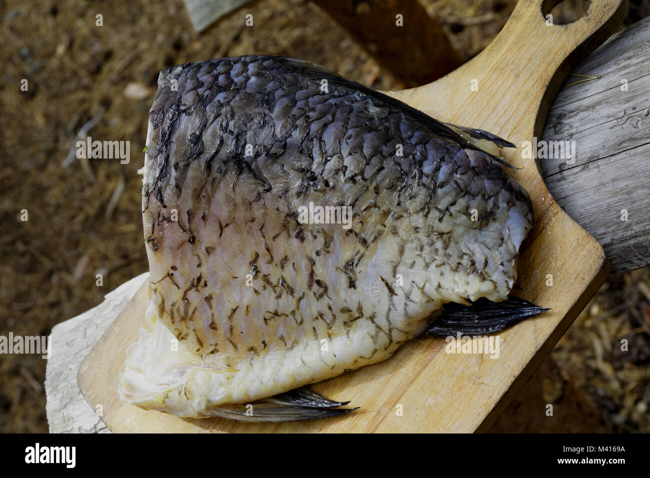 Crucian fillet on a cutting board in the field Stock Photo