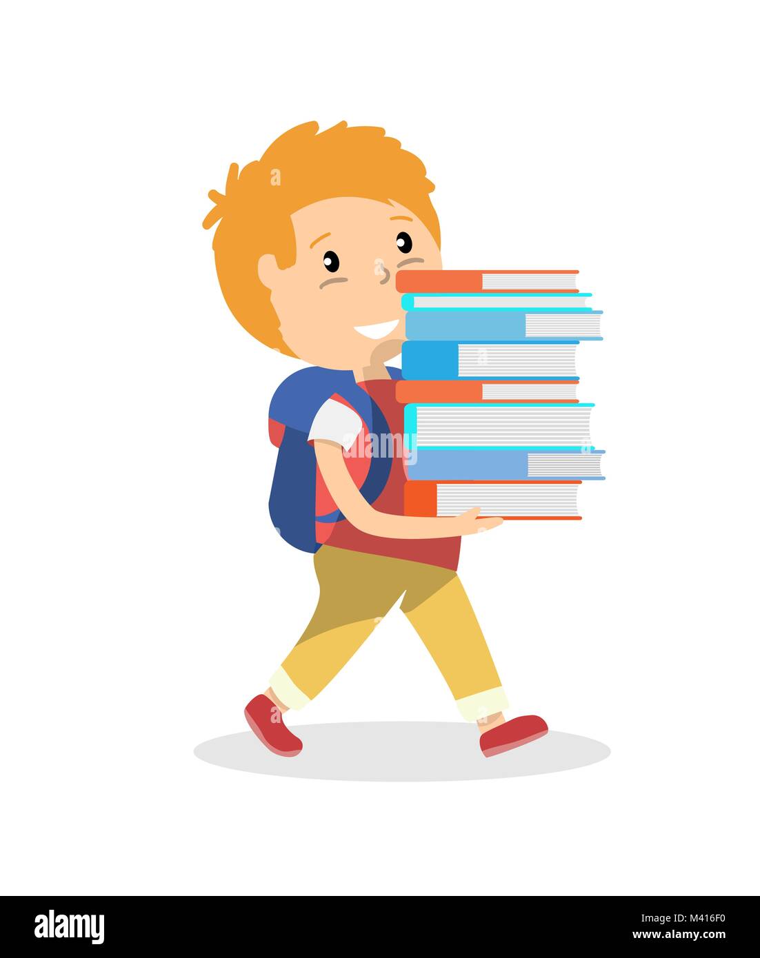 Schoolboy walking and carrying a tall stack of school books Stock Vector