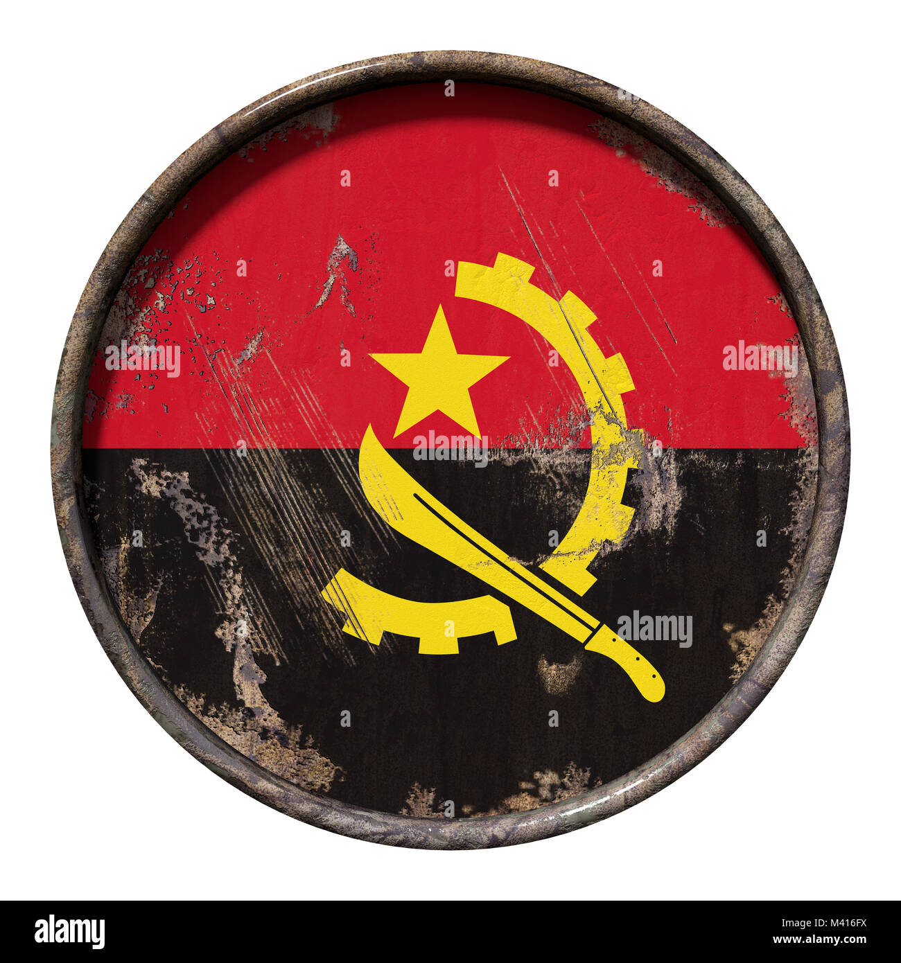 3d rendering of an Angola flag over a rusty metallic plate. Isolated on ...