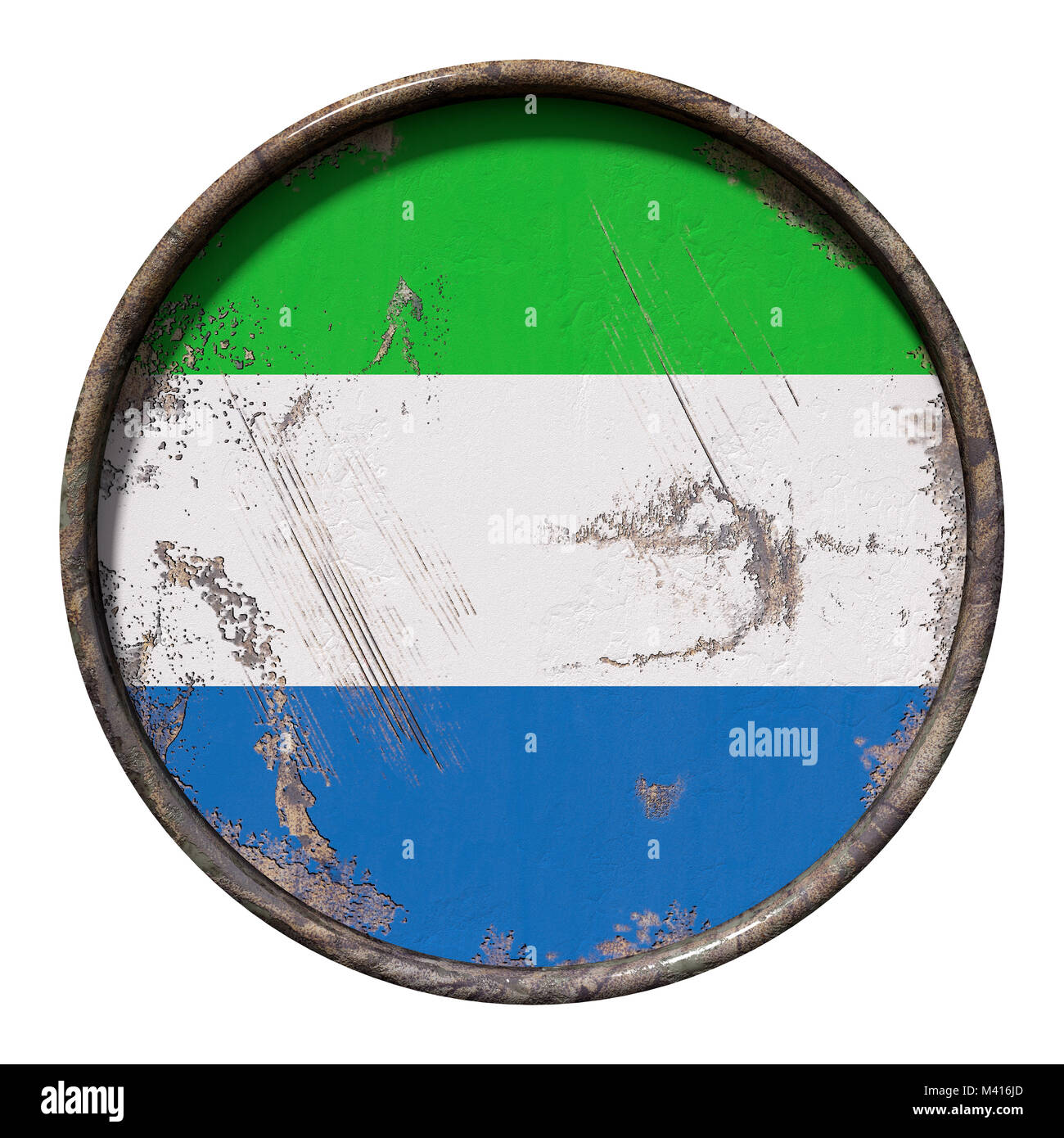 3d rendering of a Republic of Sierra Leone flag over a rusty metallic ...
