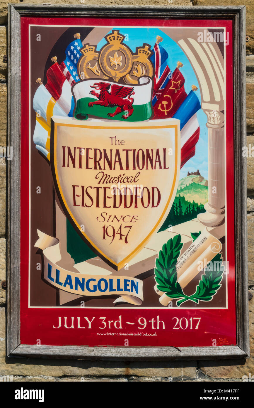 Llangollen Eisteddfod advert, at station, Denbighshire, Wales, UK Stock Photo